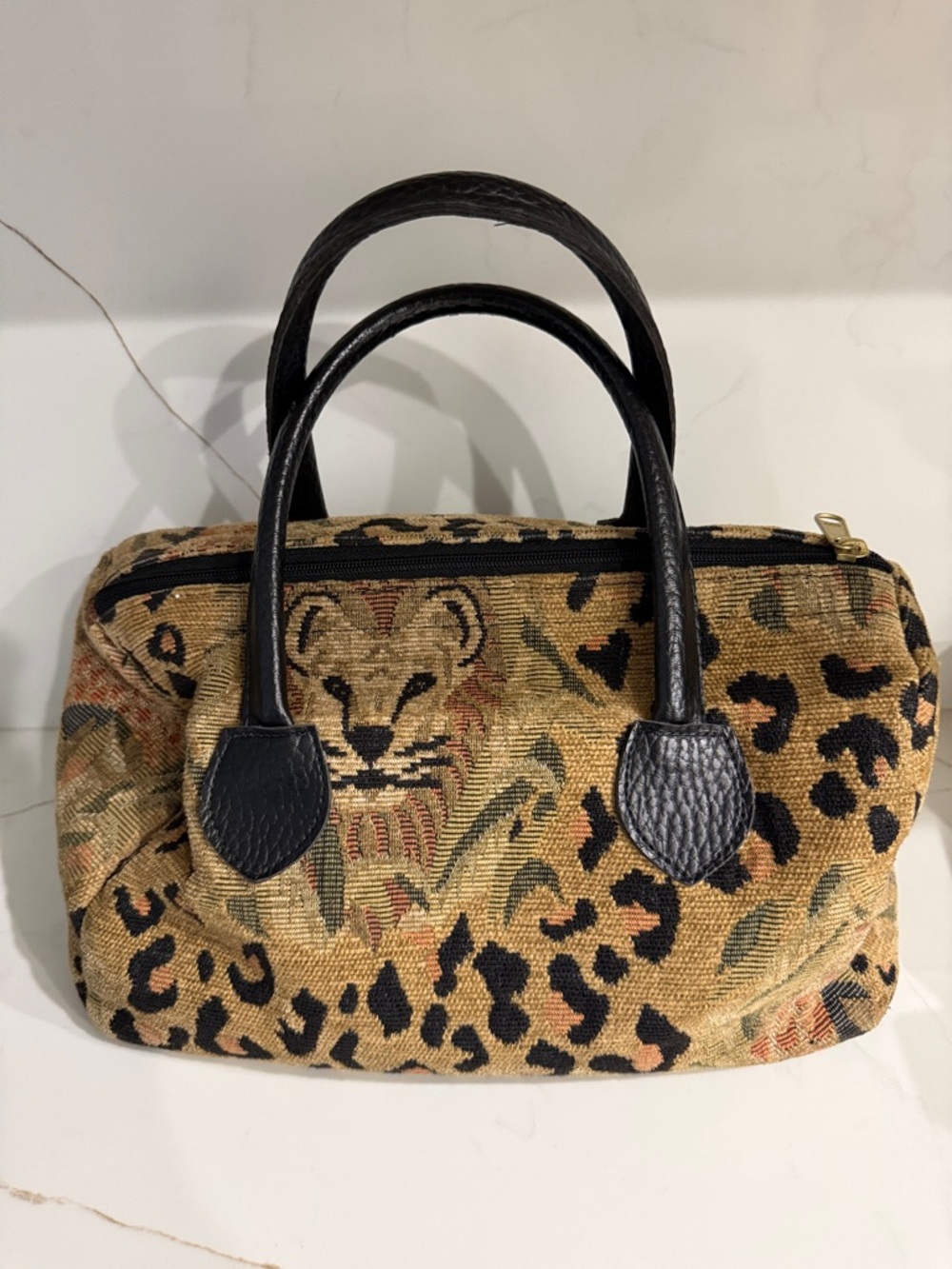 Vintage Leopard Tapestry Tote Bag with Leather Handles